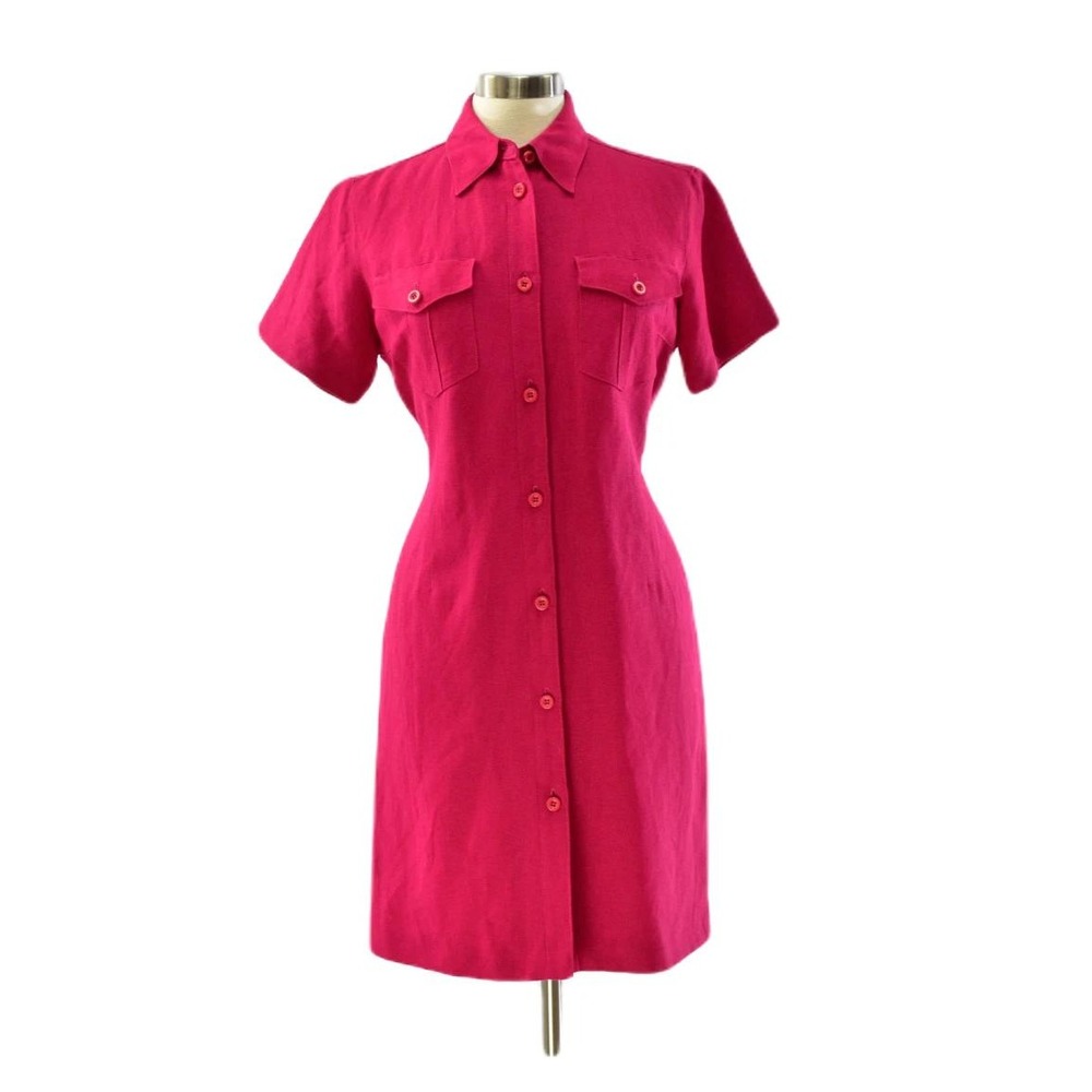 Linen Hot Pink Shirt Dress Womens 10 Full Button Front Harve Bernard Vintage 90s